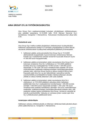 Aina Group Oyj:n osakkeenomistajat kutsutaan ylimÃ¤Ã¤rÃ¤iseen ...