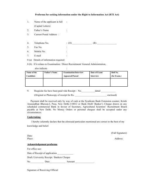 Performa for obtaining information under RTI Act