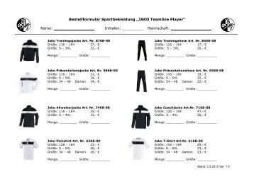 Bestellformular Sportbekleidung Ã¢ÂÂJAKO Teamline PlayerÃ¢ÂÂ Name ...