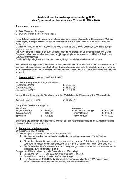 Protokoll der Jahreshauptversammlung 2010 des ... - SV Haspelmoor