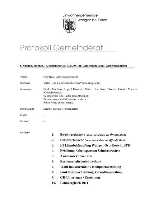 Protokoll - Einwohnergemeinde Wangen bei Olten