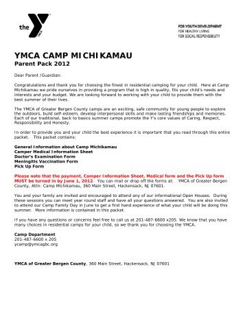 Michikamau Parent Pack - YMCA OF THE GREATER BERGEN ...