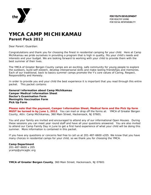 Michikamau Parent Pack - YMCA OF THE GREATER BERGEN ...