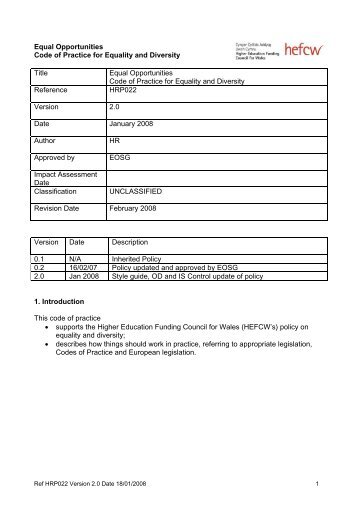 Equal Opportunities Code of Practice for Equality and Diversity Title ...