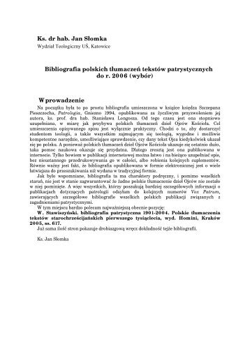 bibliografia tÅumaczeÅ OjcÃ³w KoÅcioÅa - WydziaÅ Teologiczny