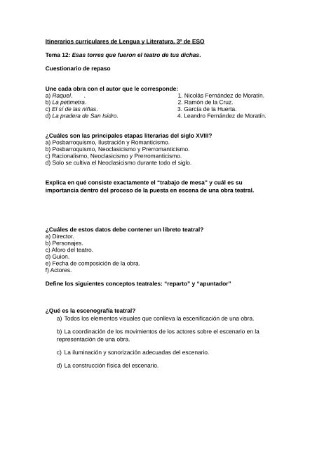 Itinerarios curriculares de Lengua y Literatura. 3º de ESO Tema 12 ...