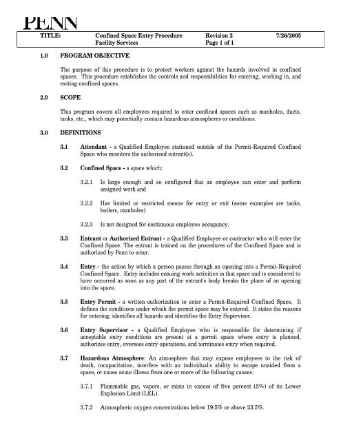 TITLE: Confined Space Entry Procedure Revision 2 7/26/2005 ...