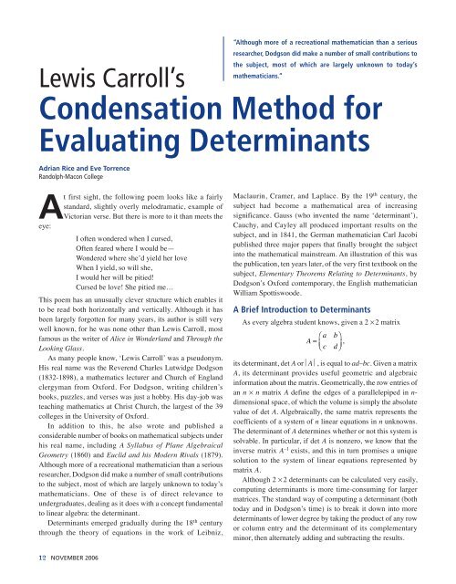 Condensation Method for Evaluating Determinants - MathDL
