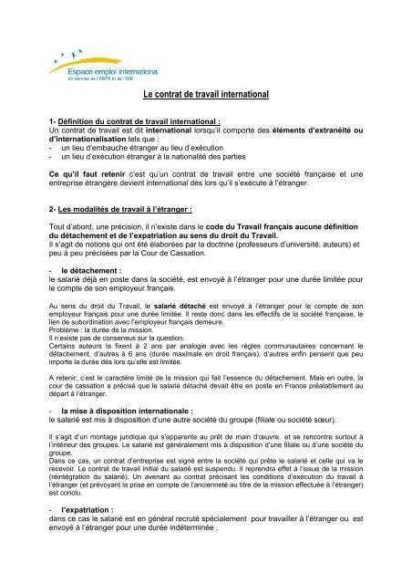 Le contrat de travail international - Espace Emploi International