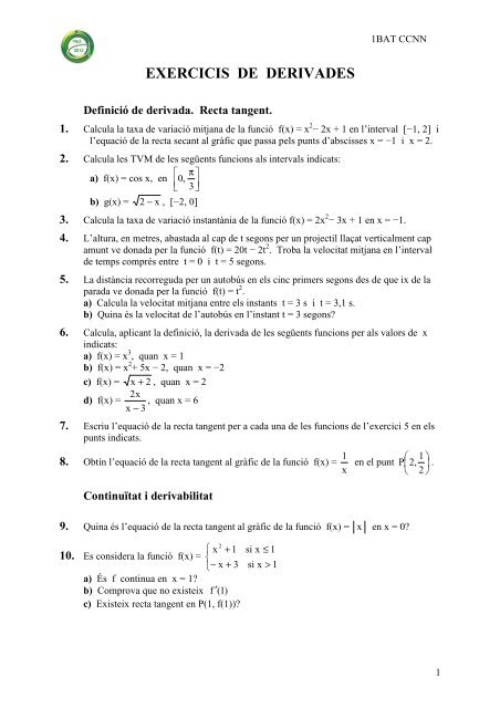 EXERCICIS DE DERIVADES - IES La Asunción de Elche