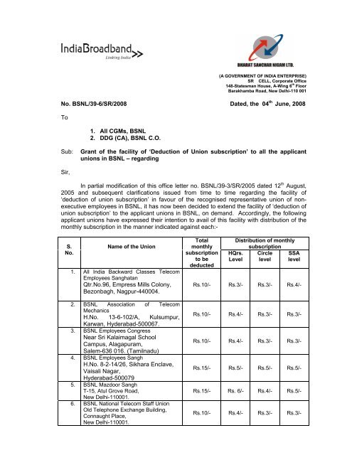 No. BSNL/39-6/SR/2008 Dated, the 04th June, 2008 To 1. All CGMs ...