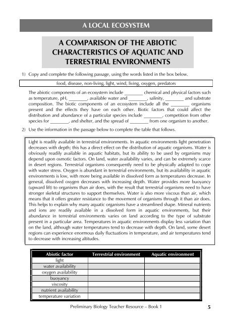 a comparison of the abiotic characteristics of aquatic and terrestrial ...