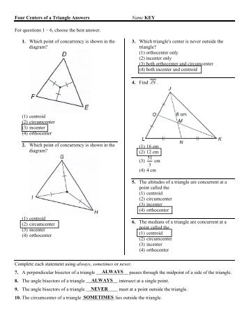 Four Centers of a Triangle Answers Name KEY For questions 1 â 6 ...