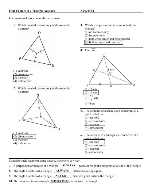 Four Centers of a Triangle Answers Name KEY For questions 1 â€“ 6 