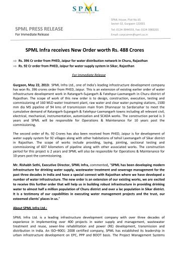 SPML Infra Secures New Orders worth Rs. 488 Crores