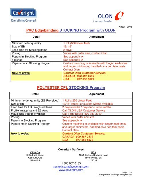 PVC Edgebanding STOCKING Program with OLON POLYESTER ...