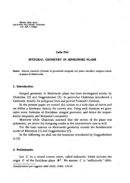 Carla Peri INTEGRAL GEOMETRY IN MINKOWSKI PLANE 1 ...