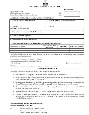 Application Form for approval of awarding a sub-contract