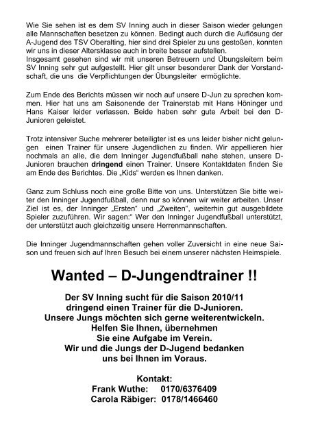 Wanted â D-Jungendtrainer - SV Inning am Ammersee