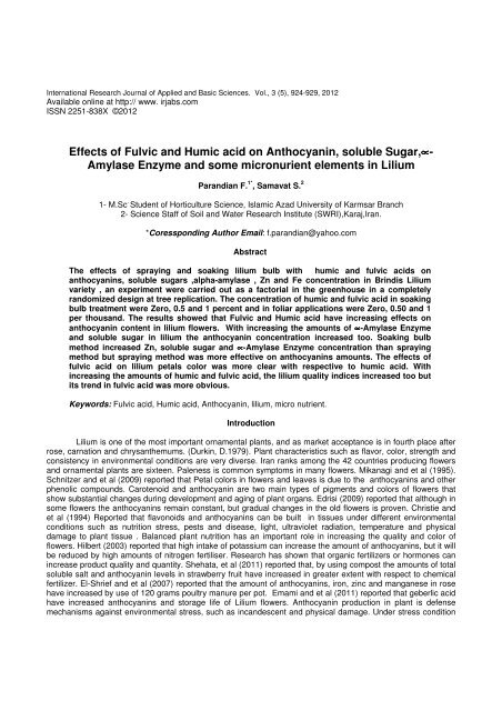 Effects of Fulvic and Humic acid on Anthocyanin, soluble Sugar ...