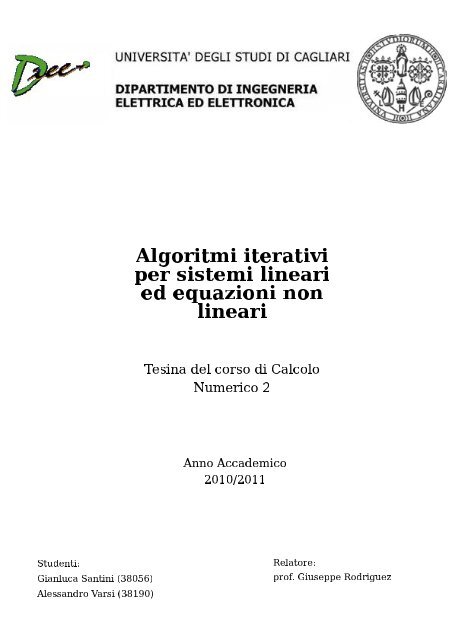 Algoritmi iterativi per sistemi lineari ed equazioni non lineari
