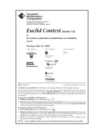 2003 Euclid Contest-PM (E) - CEMC - University of Waterloo