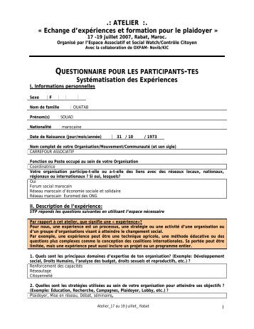 QUESTIONNAIRE POUR LES PARTICIPANTS-TES ... - Social Watch