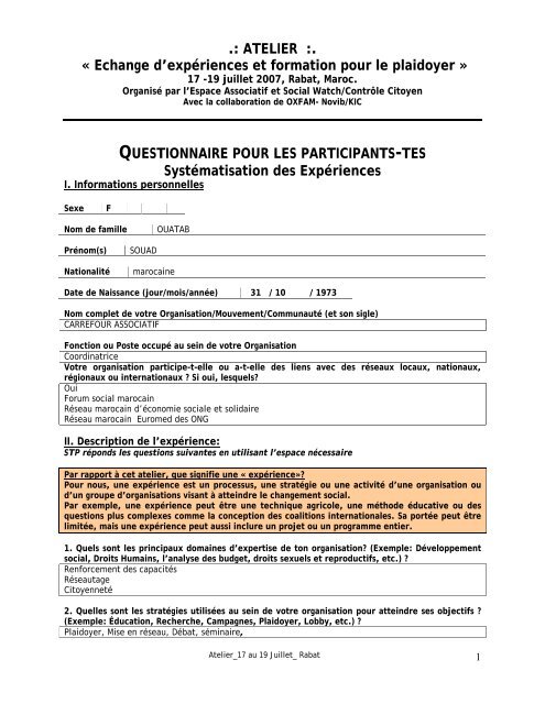 QUESTIONNAIRE POUR LES PARTICIPANTS-TES ... - Social Watch