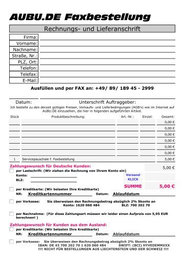 Fax-Bestellung Vordruck (PDF) - AUBU.DE - Shop Katalog