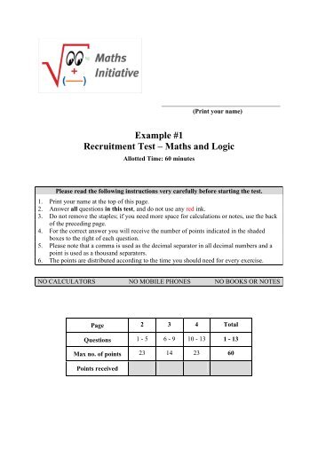Example #1 Recruitment Test â Maths and Logic - ProCredit