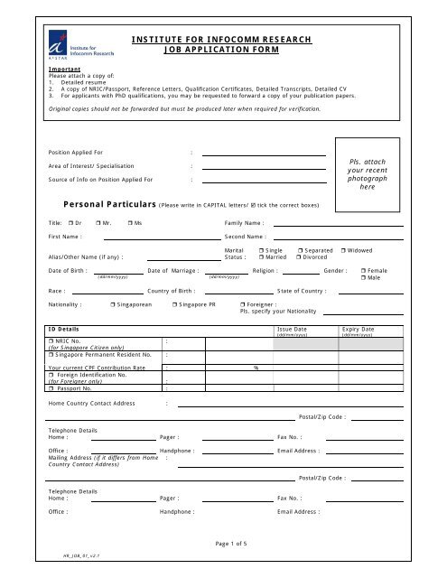 institute for infocomm research job application form - A*Star