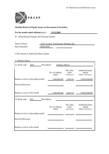 Monthly Return of Equity Issuer on Movements in Securities - AAC ...