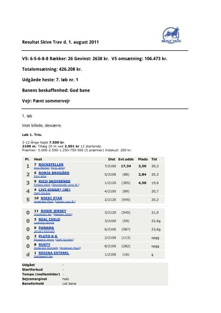 Resultat Skive Trav d. 1. august 2011 V5: 6-5-6-8-8 RÃ¦kker: 26 ...