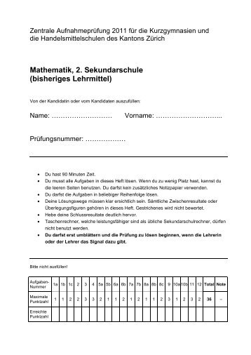 Mathematik, 2. Sekundarschule - Zentrale AufnahmeprÃ¼fung