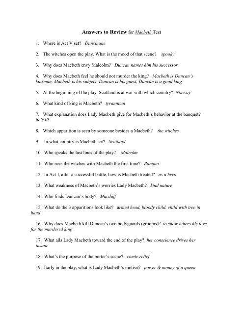 Answers to Review for Macbeth Test - Keller ISD Schools