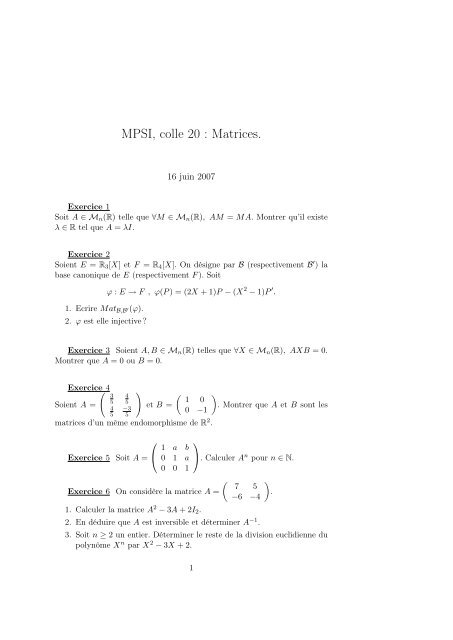 MPSI, colle 20 : Matrices.