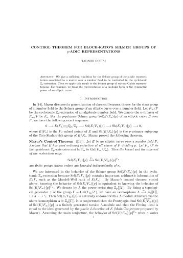 CONTROL THEOREM FOR BLOCH-KATO'S SELMER GROUPS OF ...