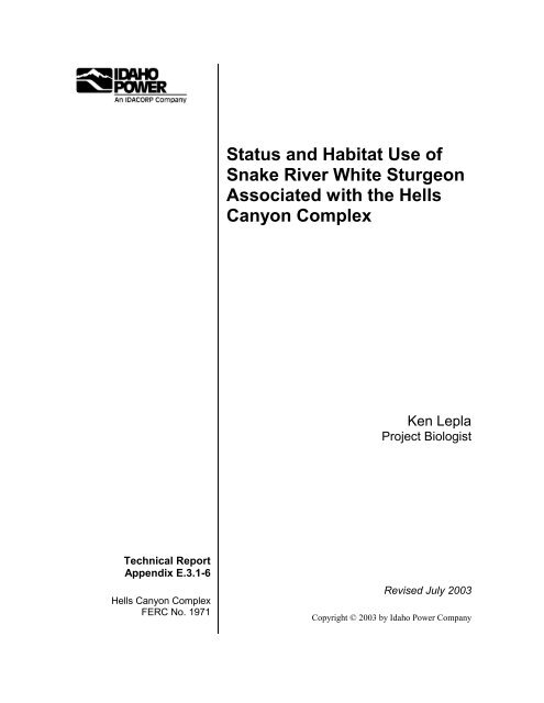 Snake River White Sturgeon Conservation Plan ... - Idaho Power