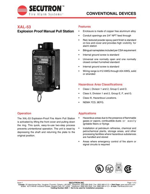 CONVENTIONAL DEVICES XAL-53 Explosion Proof ... - Secutron