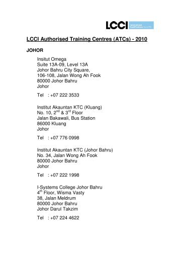 LCCI Authorised Training Centres (ATCs) - 2010 JOHOR