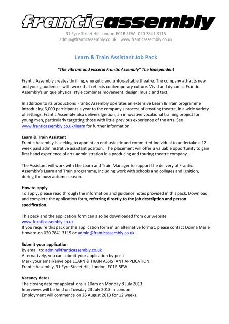 Learn & Train Assistant Job Pack - Frantic Assembly