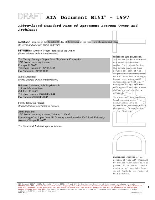 Abbreviated Form of Agreement Between Owner and Architect