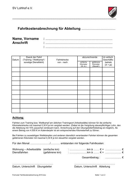 Fahrtkosten Zum Arzt Absetzen Hin- Und Rückfahrt Vordruck Fahrtkostenabrechnung für Abteilung - SV Lohhof