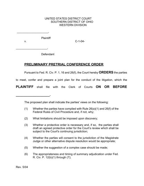 Preliminary Pretrial Conference Order - Southern District of Ohio
