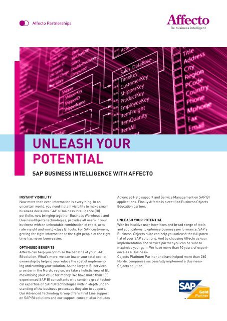 SAP BuSineSS intelligence with Affecto UNLEASH YOUR POTENTIAL