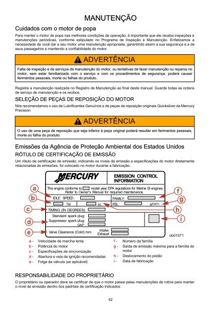 5 0 hp manual de operação manutenção e garantia - Mercury