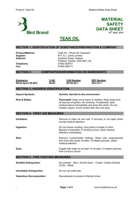 Material Safety Data Sheet Teak Oil Bird Brand