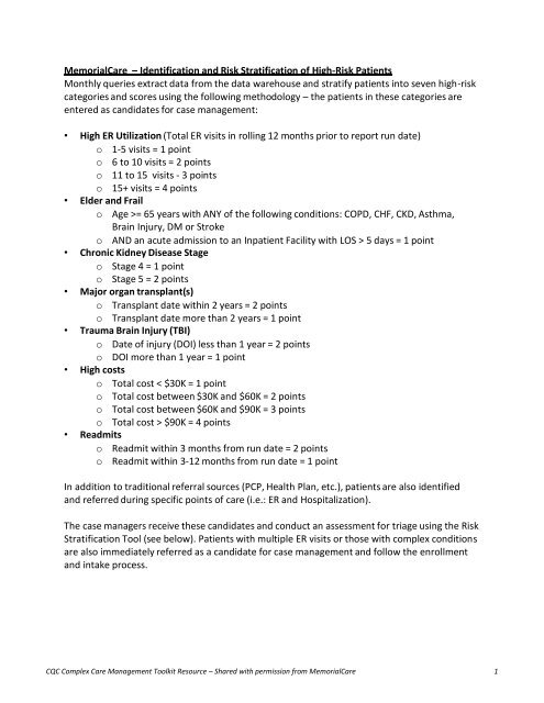 MemorialCare – Identification and Risk Stratification of High-Risk ...