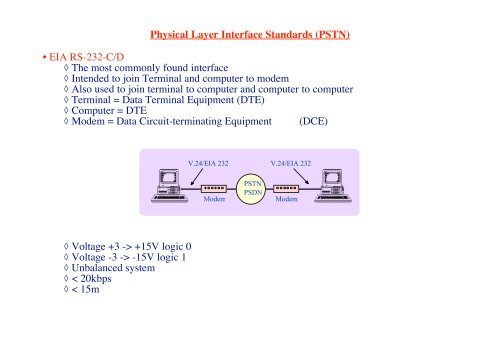 Physical Layer Interface Standards (PSTN) â¢ EIA RS-232-C/D The ...