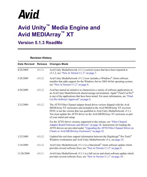 Avid Unity Media Engine and Avid MEDIArray XT v5.1.3 ReadMe